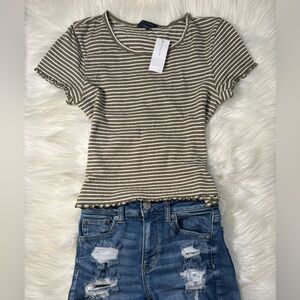 American Eagle Outfitters Olive Striped Short Sleeve Top